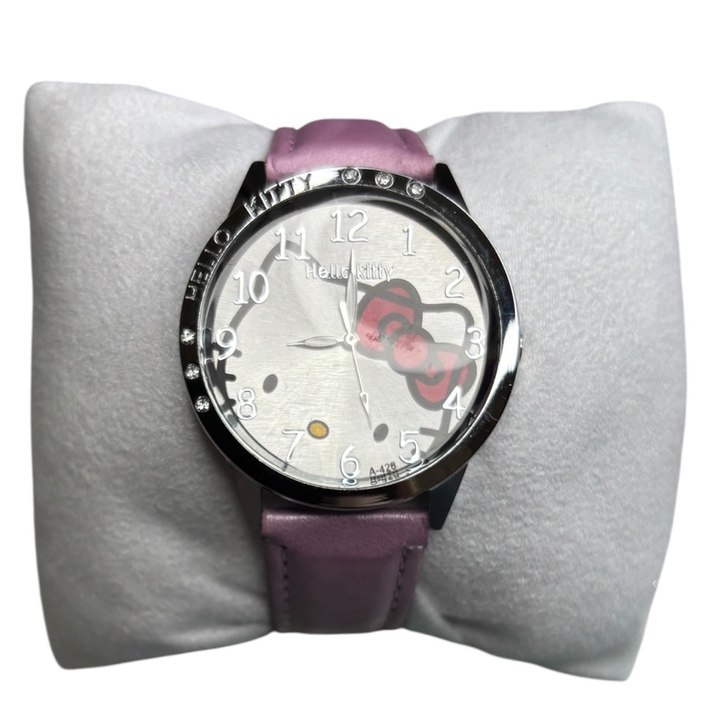 Hello Kitty Sanrio Rhinestone Bezel Watch Purple Faux Leather Band A-428